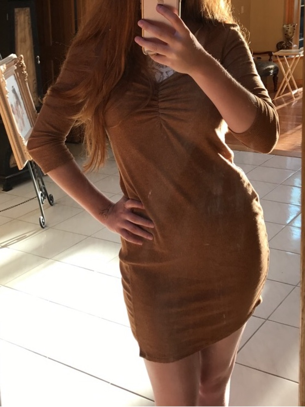 Rust Brown Ribbed V-Neck 3/4 Sleeve Dress